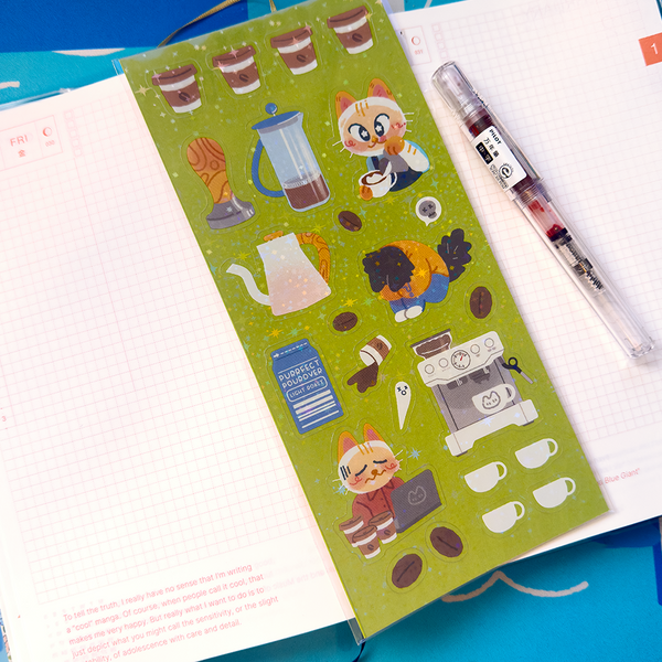 Cat and Coffee Sticker Sheet green